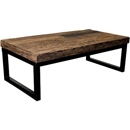 Railroad Wood & Iron Contemporary Cocktail Table with Rectangular Leg Base